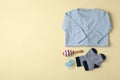 Flat lay composition with child`s clothes and accessories on background, space for text Royalty Free Stock Photo