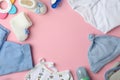 Flat lay composition with child`s clothes and accessories on background, space for text Royalty Free Stock Photo
