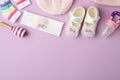 Flat lay composition with child`s clothes and accessories on background, space for text Royalty Free Stock Photo