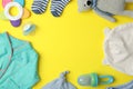 Flat lay composition with child`s clothes and accessories on background, space for text Royalty Free Stock Photo