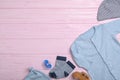 Flat lay composition with child`s clothes on background, space for text Royalty Free Stock Photo