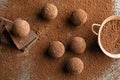 Flat lay composition with chocolate truffles powdered Royalty Free Stock Photo