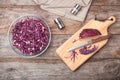 Flat lay composition with chopped purple cabbage