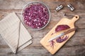 Flat lay composition with chopped purple cabbage