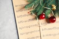 Flat lay composition with Christmas decorations and music sheets Royalty Free Stock Photo