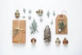 Flat lay composition with Christmas  and festive decor on white background Royalty Free Stock Photo