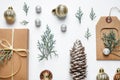 Flat lay composition with Christmas gift and festive decor Royalty Free Stock Photo