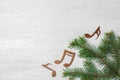 Flat lay composition with Christmas tree branch, music notes and space for text Royalty Free Stock Photo