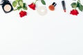 Flat lay composition of classic red lipstick