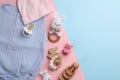 Flat lay composition with clothes and accessories on color background, space for text Royalty Free Stock Photo