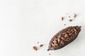 Flat lay composition with cocoa beans and cocoa pods on white concrete background. Organic food, natural chocolate. Top view, copy Royalty Free Stock Photo