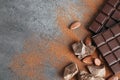 Flat lay composition with cocoa powder and chocolate Royalty Free Stock Photo