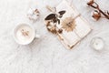 Flat lay composition with coffee, dry flowers, cotton and old letters. Royalty Free Stock Photo