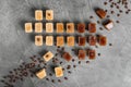 Flat lay composition with coffee ice cubes on grey background Royalty Free Stock Photo