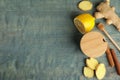 Flat lay composition with cold remedies on blue table, space for text. Sore throat treatment Royalty Free Stock Photo