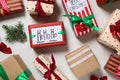 Flat lay composition of color Christmas gift boxes on light background Royalty Free Stock Photo