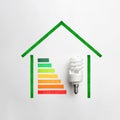 Flat lay composition with colorful chart and lamp bulb on white. Energy efficiency concept