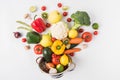 Flat lay composition of colorful vegetables and fruits in colander