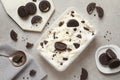 Flat lay composition with container of ice cream and chocolate cookies on grey Royalty Free Stock Photo