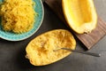 Flat lay composition with cooked spaghetti squash and fork Royalty Free Stock Photo