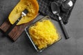 Flat lay composition with cooked spaghetti squash Royalty Free Stock Photo