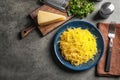 Flat lay composition with cooked spaghetti squash and space for text Royalty Free Stock Photo