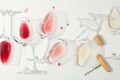 Flat lay composition. Corkscrew, glasses with different wine Royalty Free Stock Photo