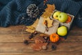 Flat lay composition with craft letter, apple and pumpkin Royalty Free Stock Photo