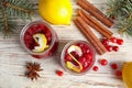 Flat lay composition with cranberry sauce in jars on white wooden Royalty Free Stock Photo