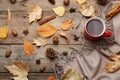 Flat lay composition with cup of hot drink. Cozy autumn atmosphere