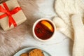Flat lay composition with cup of hot mulled wine. Winter drink Royalty Free Stock Photo