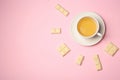 Flat lay composition with cup of tea and white chocolate on color background Royalty Free Stock Photo
