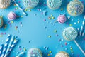 Flat lay composition with cupcakes on light blue background. Birthday party Royalty Free Stock Photo