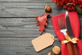 Flat lay composition with cutlery and autumn decoration on grey wooden background. Happy Thanksgiving day Royalty Free Stock Photo