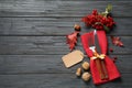 Flat lay composition with cutlery and autumn decoration on grey wooden background. Happy Thanksgiving day Royalty Free Stock Photo