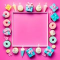 Flat lay composition with delicious birthday cupcakes and space for text on color background Royalty Free Stock Photo