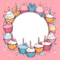 Flat lay composition with delicious birthday cupcakes and space for text on color background Royalty Free Stock Photo