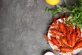 Flat lay composition with delicious boiled crayfishes on table, space for text