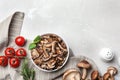 Flat lay composition with delicious cooked mushrooms on white marble table Royalty Free Stock Photo