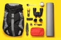 Flat lay composition with different camping equipment Royalty Free Stock Photo