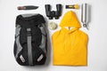 Flat lay composition with different camping equipment on white Royalty Free Stock Photo