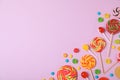 Flat lay composition with different candies and space for text Royalty Free Stock Photo