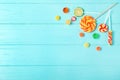 Flat lay composition with different candies and space for text Royalty Free Stock Photo