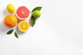 Flat lay composition with different citrus fruits on white