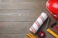 Flat lay composition with different construction tools on background. Space for text Royalty Free Stock Photo