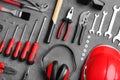 Flat lay composition with different construction tools on grey Royalty Free Stock Photo