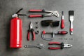 Flat lay composition with different construction tools on grey Royalty Free Stock Photo