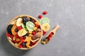 Flat lay composition with different dried fruits on grey background, space for text Royalty Free Stock Photo