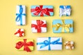 Flat lay composition with different gift boxes Royalty Free Stock Photo
