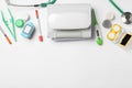 Flat lay composition with different medical objects and space for text on white Royalty Free Stock Photo